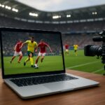 A laptop displaying a soccer match, with a camera beside it on a wooden table