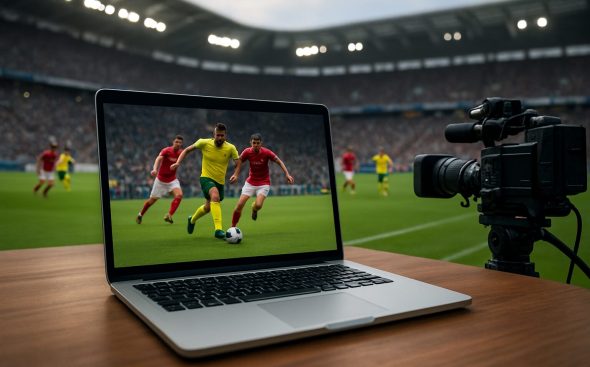 A laptop displaying a soccer match, with a camera beside it on a wooden table