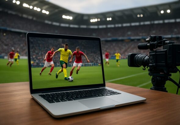 A laptop displaying a soccer match, with a camera beside it on a wooden table