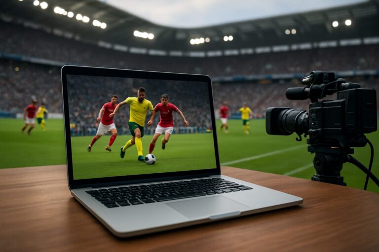 A laptop displaying a soccer match, with a camera beside it on a wooden table